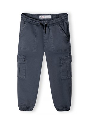 Gray cargo pants made of lightweight fabric, featuring an elastic waistband, drawstring, side pockets, and elastic cuffs at the ankles.