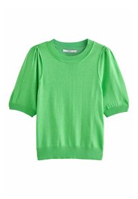 Groene gebreide trui met korte pofmouwen, ronde halslijn en geribbelde zoom. Gladde textuur met een levendige kleurafwerking.