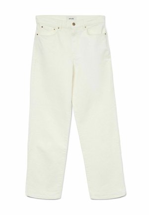 Valged denimit sirged püksid, millel on nupuvajutuse sulgemine, kuldse riistvara aksessuaarid ja klassikaline viie tasku disain. Ühtlane tekstuur minimaalsete õmblustega.