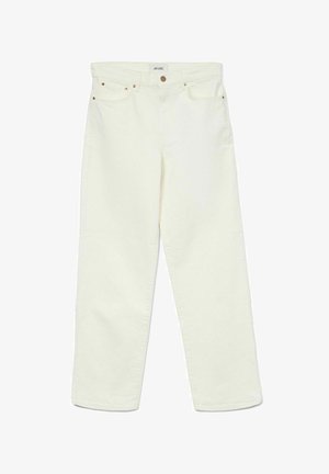 Baltie džinsi ar taisnu kāju, ar pogu aizdari, zeltainiem detaļām un klasisku piecu kabatu dizainu. Gluda tekstūra ar minimālu šuvēm.