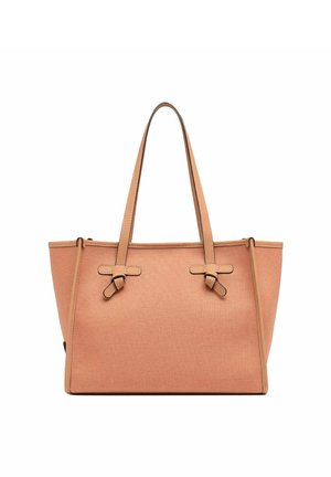 Borsa tote in pelle color cuoio con doppi manici, dettagli a nodi sotto gli attacchi dei manici e forma rettangolare strutturata.