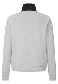 Sweat-shirt gris clair à manches longues avec un col montant noir vu de dos, avec des manches raglan et un ourlet droit.