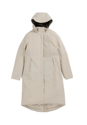 Beige long coat with a hood, featuring a zip closure, side pockets, and a smooth outer texture. The interior shows a soft lining.