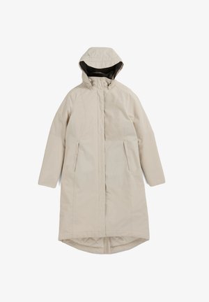 Beige long coat with a hood, featuring a zip closure, side pockets, and a smooth outer texture. The interior shows a soft lining.