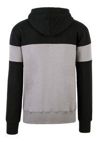 Hoody met horizontale zwarte en grijze strepen, gemaakt van zacht materiaal, met ribgebreide manchetten en zoom, en een kangoeroezak.