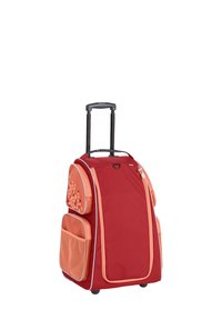 Red rolling suitcase with orange accents, multiple compartments, and geometric patterns. Features retractable handle and smooth-rolling wheels.