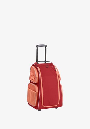 Red rolling suitcase with orange accents, multiple compartments, and geometric patterns. Features retractable handle and smooth-rolling wheels.