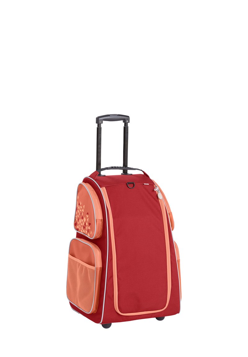 Red rolling suitcase with orange accents, multiple compartments, and geometric patterns. Features retractable handle and smooth-rolling wheels.