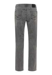 Donkergrijze denim jeans met een rechte snit, voorzien van achterzakken met gebogen stiksels, een eenvoudige tailleband en zonder zichtbare hardware.