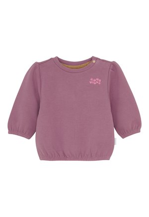 Lila Langarm-Babyshirt mit elastischen Bündchen und Saum, einem Schulter-Druckknopf und dem Text "Good Vibes" auf der Brust.