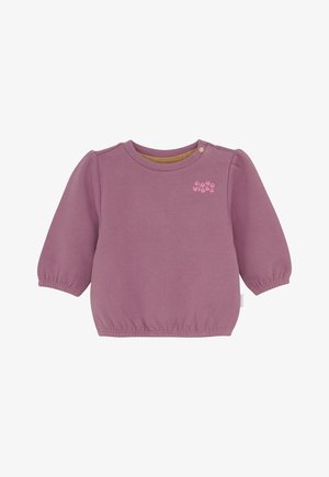 Paarse babyshirt met lange mouwen, elastische manchetten en onderrand, een drukknoop op de schouder en de tekst "Good Vibes" op de borst.
