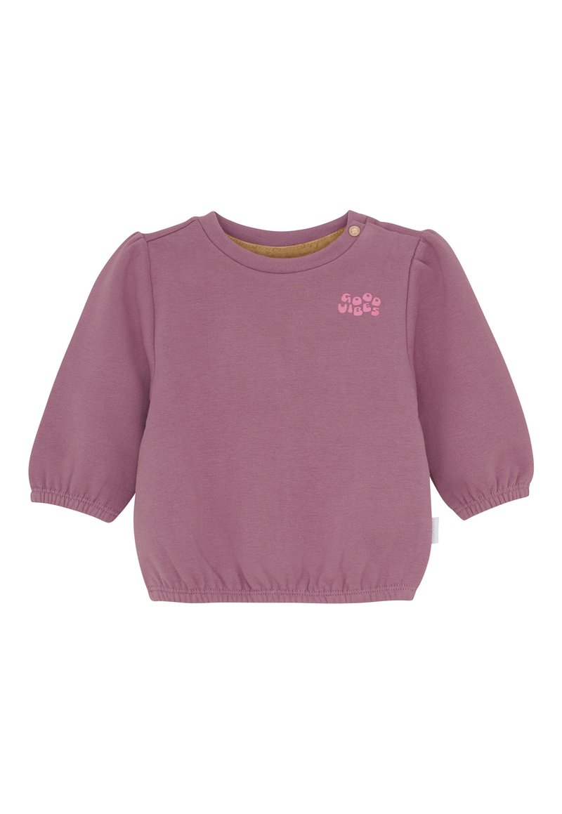Paarse babyshirt met lange mouwen, elastische manchetten en onderrand, een drukknoop op de schouder en de tekst "Good Vibes" op de borst.