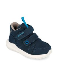 Zapatillas infantiles de color azul marino con dos cintas de velcro, suela blanca, costuras azules y una tira azul en el talón.
