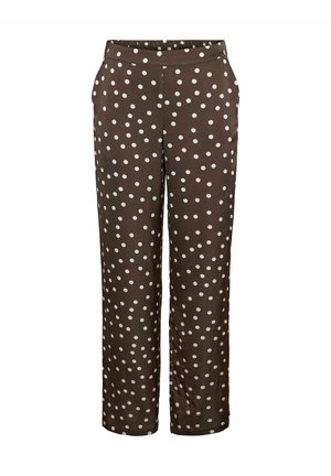 Bruine broek met stippen en een elastische tailleband. Gemaakt van een gladde stof, met witte stippen die gelijkmatig over het oppervlak zijn verdeeld.