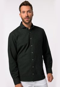 Donkergroene button-up overhemd gemaakt van gestructureerde stof, met een klassieke kraag en verschillende metalen knopen aan de voorkant.
