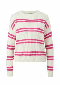 Sweter o prążkowanym wzorze w kolorze kremowym z wyraźnymi różowymi i jasnoróżowymi poziomymi paskami. Posiada okrągły dekolt i długie rękawy.