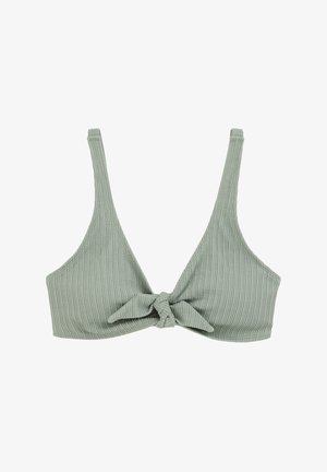 Zaļš ribots bralets ar regulējamām siksnām un priekšējo mezglu detaļu. Izgatavots no teksturēta auduma ar trīsstūra formu.