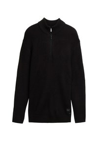Schwarzer Strickpullover mit hohem Kragen und kurzem Reißverschluss. Strukturiertes Material mit gerippten Bündchen und Saum. Schlichtes und funktionales Design.