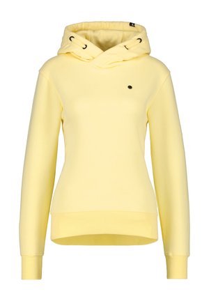 Haut à capuche jaune pour femmes avec des manches longues, poche avant, et cordons de serrage réglables sur la capuche, vue de face sur fond blanc.