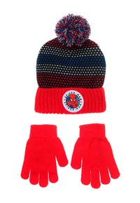 Bonnet tricoté noir, rouge et bleu avec un pompon et un écusson Spider-Man blanc. Comprend des gants rouges assortis avec des poignets en tricot.