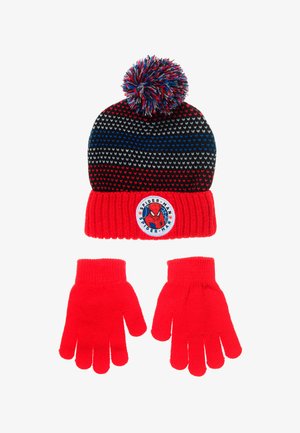 Bonnet tricoté noir, rouge et bleu avec un pompon et un écusson Spider-Man blanc. Comprend des gants rouges assortis avec des poignets en tricot.