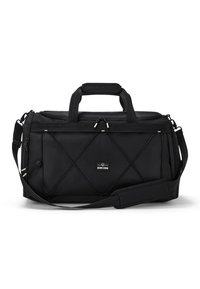 Black duffel bag made of textured fabric, featuring double handles, an adjustable shoulder strap, and cross straps for added support.