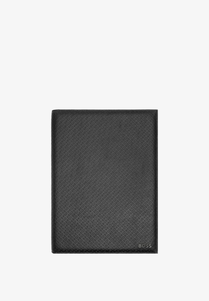 Portefeuille en cuir noir texturé avec motif diamant embossé et logo "BOSS" dans le coin inférieur droit.