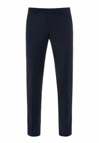 Marineblaue Herrenhosen mit dezentem Karo-Muster, vorderen Taschen, Gürtelschlaufen und geradem Bein.