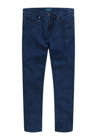 Dunkelblaue Jeans aus Denim mit Knopfverschluss, fünf Taschen-Design, geradem Schnitt und feiner Textur mit schwachen vertikalen Linien.