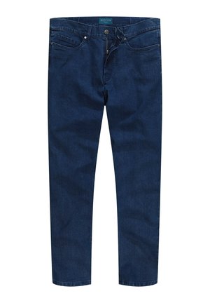 Dunkelblaue Jeans aus Denim mit Knopfverschluss, fünf Taschen-Design, geradem Schnitt und feiner Textur mit schwachen vertikalen Linien.