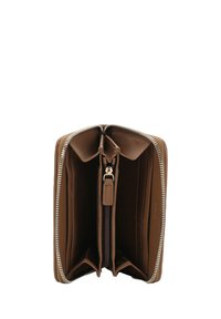 Brown leather wallet with a zip-around closure, multiple card slots, and a zippered coin compartment. Smooth finish and sturdy stitching.