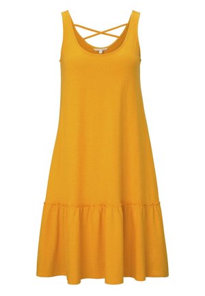 Bezrekawowa, jasnżółta sukienka na lato z dekoltem w kształcie litery U, krzyżującymi się ramiączkami na plecach i marszczonym falbankowym dołem.