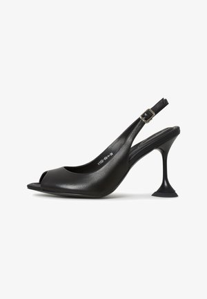 Cureau negru din piele, cu toc slingback, cu vârful deschis, formă ascuțită, toc îngust care se lărgește și bază pătrată. Suprafață texturată și detalii cu cataramă.