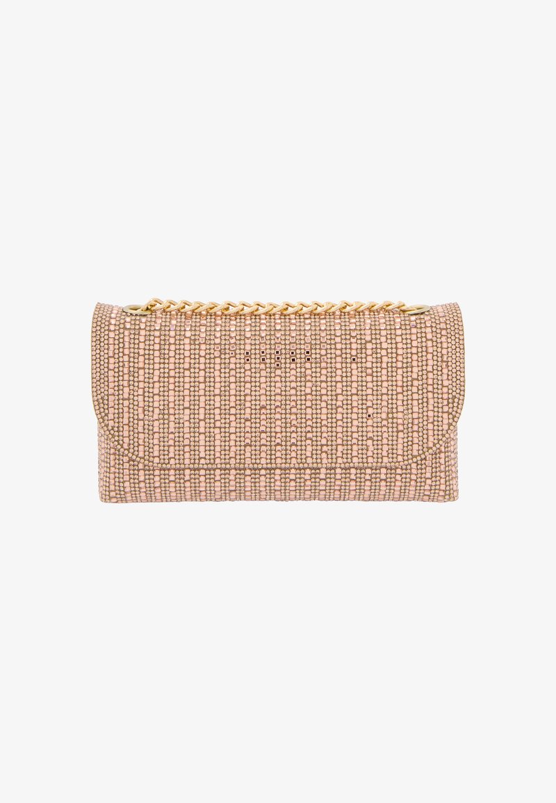 Kopertówka w kolorze różowym i złotym, z teksturowanym koralikowym wzorem i złotym akcentem w postaci łańcuszka. Prostokątny kształt z zapięciem na klapę.