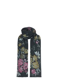 Sciarpa floreale in tessuto scuro con fiori colorati di rosa, giallo e bianco. Texture liscia con un design lungo e rettangolare.