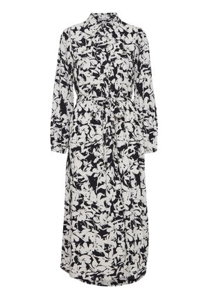 Pitkähihaisessa, kauluksellisessa mekossa on musta-valkoinen kukkakuosi. Siinä on vyöllä varustettu vyötärö, napitus edessä ja pehmeä kangas, joka luo valuvaa siluettia.