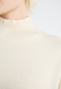 Hellbeige, gerippter Rollkragenpullover mit weicher Textur, der einen hohen Kragen und eine taillierte Passform aufweist. Nahaufnahme des Ausschnitts und der Stoffdetails.