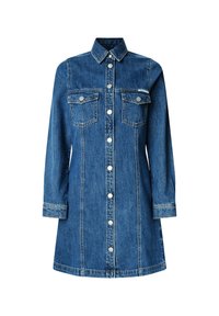 Robe en denim, manches longues, fermeture à boutons sur le devant, deux poches poitrine, col classique, couleur bleu moyen et détails de couture clairs.