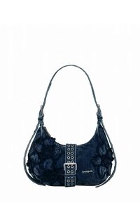 Spijkerstof handtas in donkerblauw met bloemrijke applicaties, een gespband met ringen en een enkele schouderriem om te dragen.