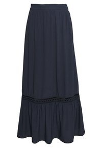 Mörkblå kjol med en utsvängd silhuett, med en flerlagers fåll och dekorativ spetsdetalj vid midjan. Tillverkad av lätt tyg.