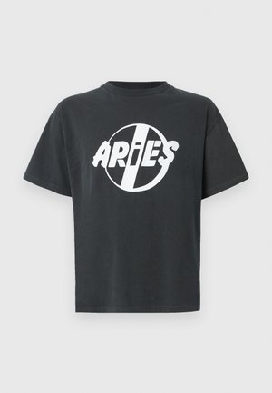 Black short-sleeve t-shirt with a white circular graphic and the word "ARIES" in bold stylized letters across the chest.