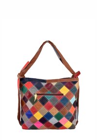 Sac à épaule en cuir avec un design en patchwork composé de losanges multicolores. Comprend une poche frontale zippée et une sangle marron.