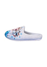 Zapatilla gris de casa tipo slipper, con personajes de Elsa y Olaf y copos de nieve de Frozen, interior suave y suela blanca plana.