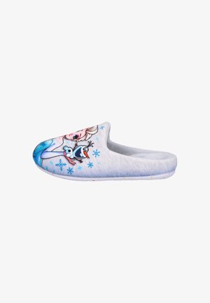 Zapatilla gris de casa tipo slipper, con personajes de Elsa y Olaf y copos de nieve de Frozen, interior suave y suela blanca plana.