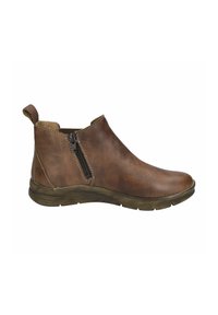 Brauner Leder-Ankle-Boot mit einer abgerundeten Zehe, seitlichem Reißverschluss, strukturierten Oberflächen und einer flexiblen, kontrastierenden Gummisohle.