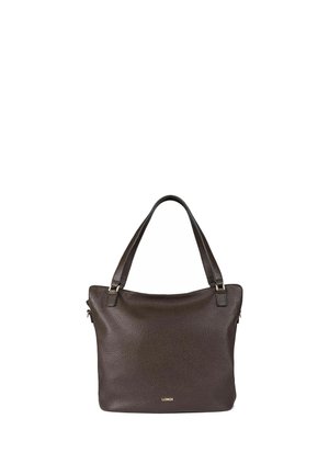 Dunkelbraune strukturierte Ledertasche mit zwei Griffen und kleinem goldfarbenem Markenzeichen unten in der Mitte.