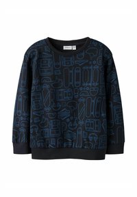 Svart genser med blått grafisk mønster som viser ulike skate- og sportsutstyr. Rund hals og ribbestrikkede mansjetter og nederkant. Laget av bomullsblanding.