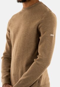 Maglione marrone lavorato a maglia con collo rotondo, polsini a costine e un'etichetta sulla manica. Texture morbida e vestibilità affusolata.