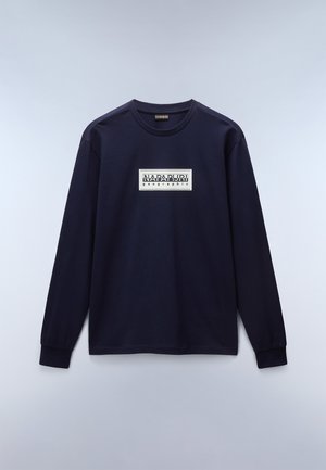 Navy long-sleeve shirt made of cotton, featuring a rectangular graphic with brand name and text in white. Classic crew neckline and fitted cuffs.