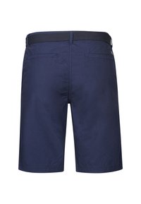 Shorts bleu marine avec une texture lisse, taille élastique et deux poches arrière. Caractéristiques : coupe droite et coutures soignées.